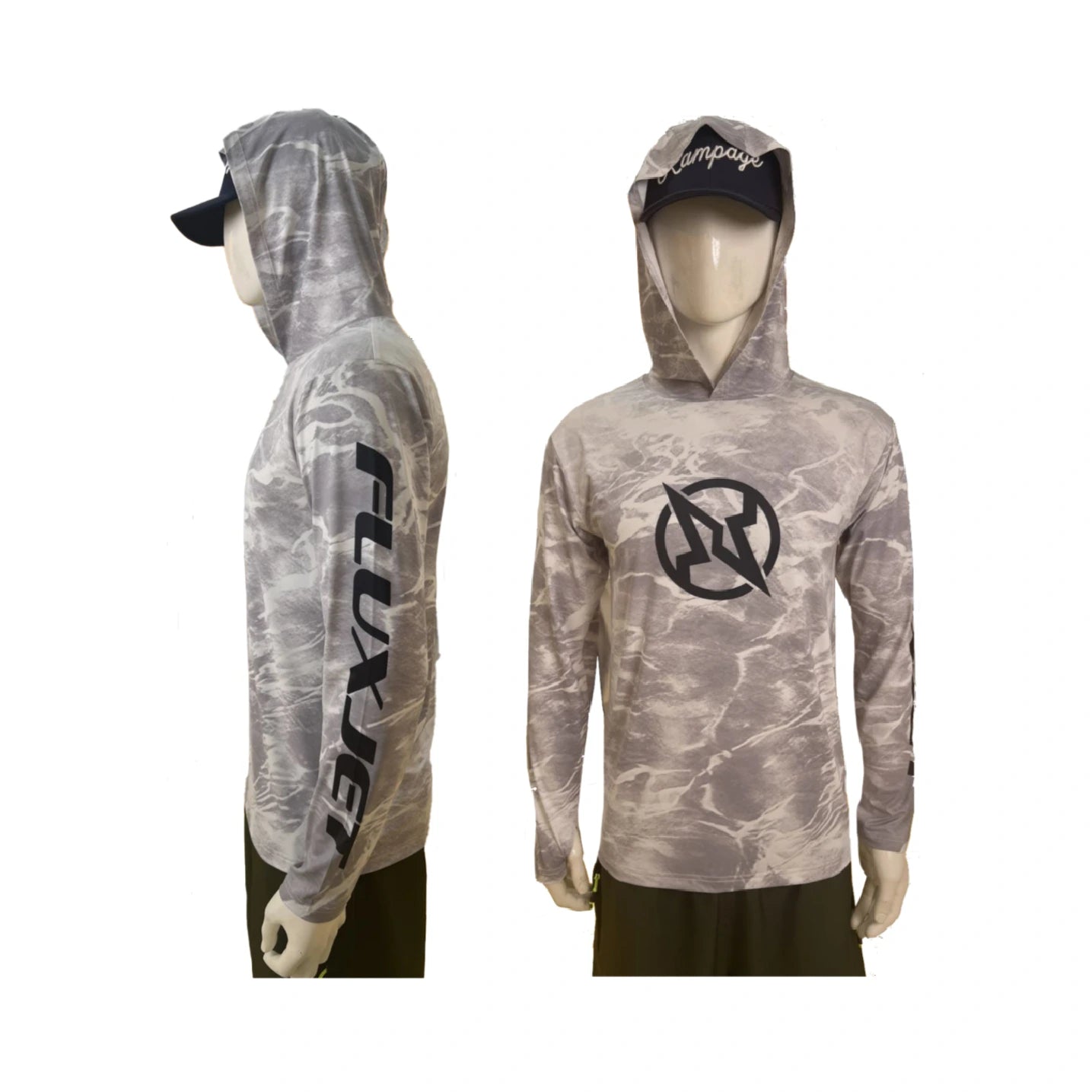Camouflage hoodie with brand logos on a white background