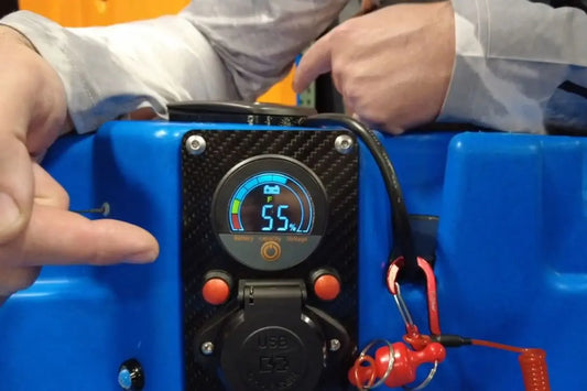 FluxJet 36V battery display showing 55 percent remaining after full-day lake test