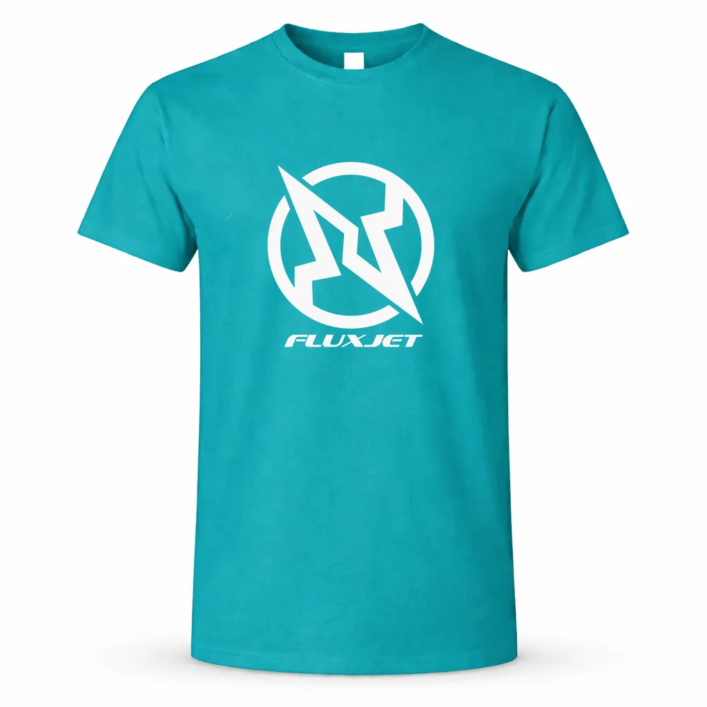 aqua t-shirt with white 'Fluxjet' logo on a white background