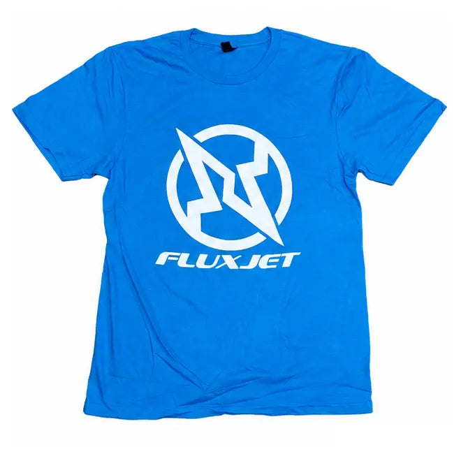 blue t-shirt with white 'Fluxjet' logo on a white background