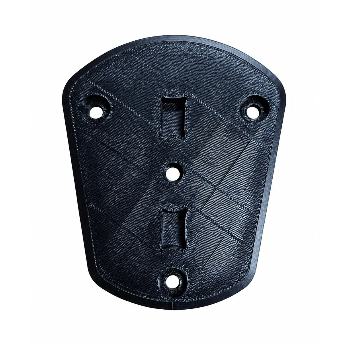 Black 3D-printed FluxJet block-off plate, underside view