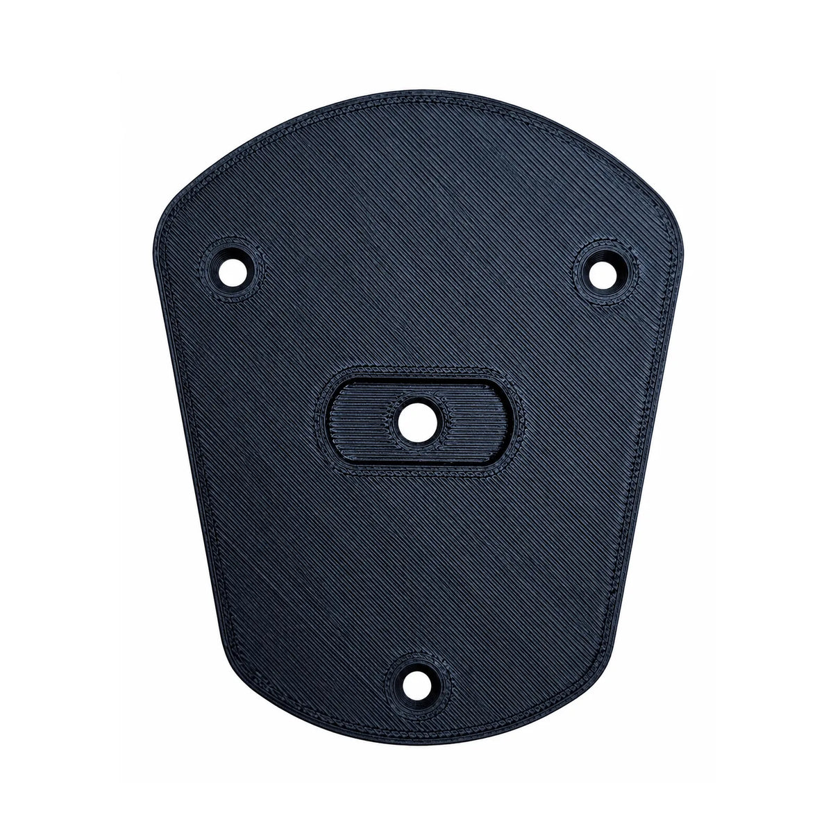 Black 3D-printed FluxJet block-off plate, top view with mounting holes