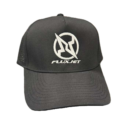 Black cap with white logo and text on a white background