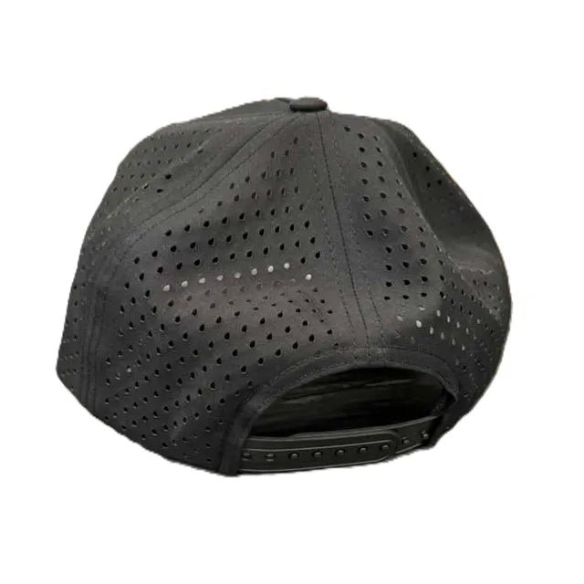 Black FluxJet cap with perforated panels, rear view with adjustable strap