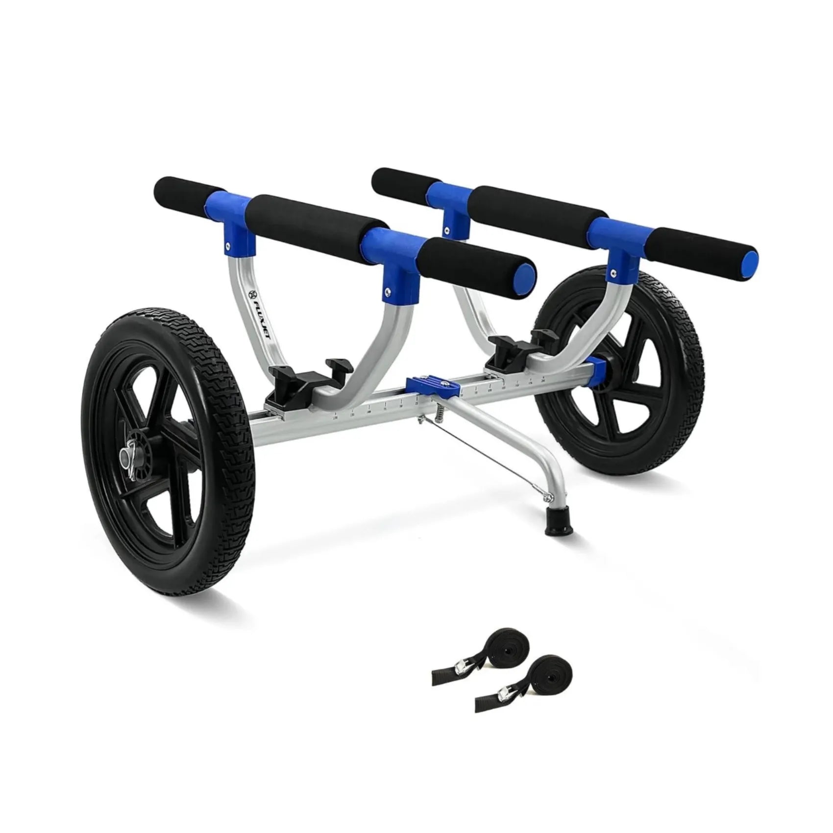 FluxCart kayak cart with adjustable padded bunks, solid wheels, kickstand and straps