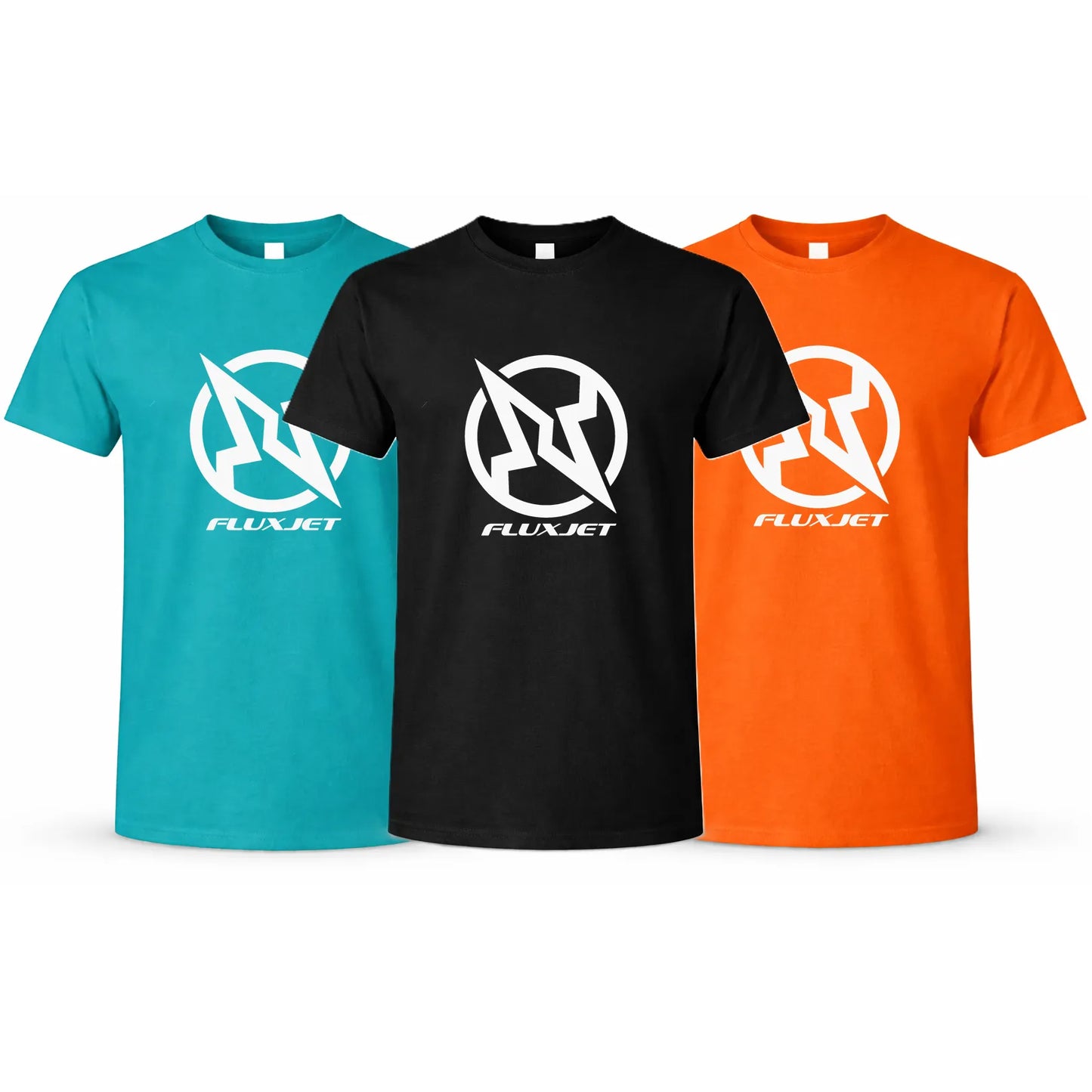 Three t-shirts in turquoise, black, and orange with Fluxjet logo and text on a white background.