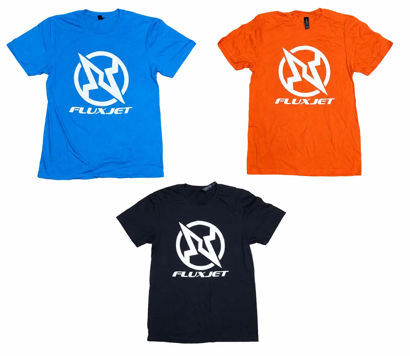 Three t-shirts in blue, black, and orange with Fluxjet logo and text on a white background.