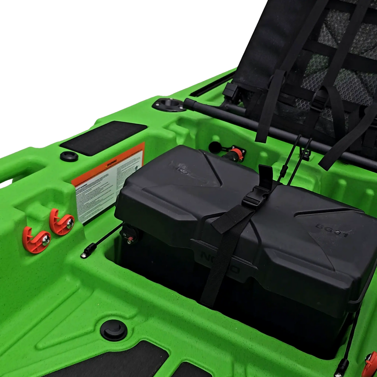 Battery box strapped in place behind the seat of a green FluxJet kayak