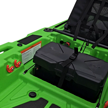 Battery box strapped in place behind the seat of a green FluxJet kayak