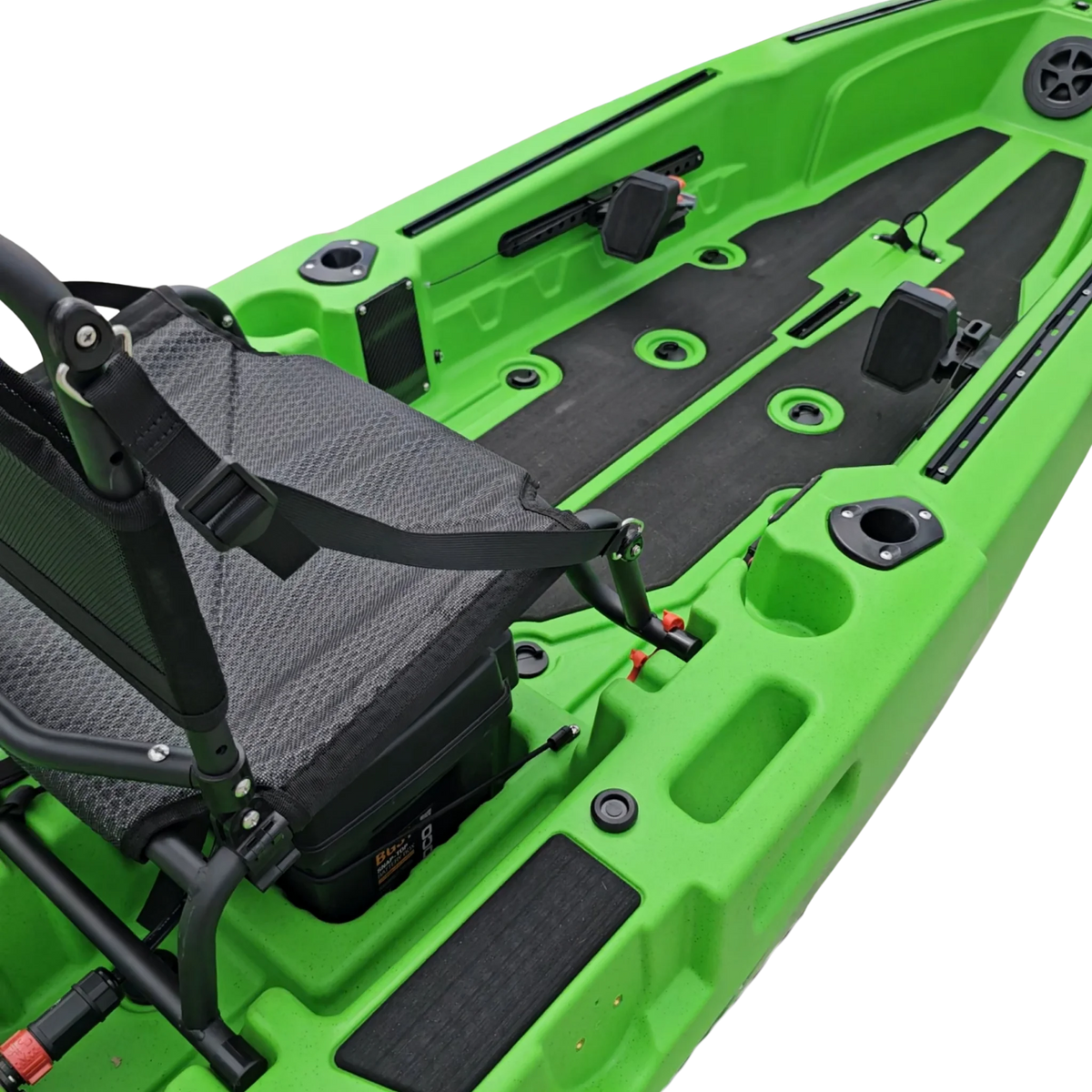 Close-up of the seat and cockpit on a green FluxJet electric fishing kayak