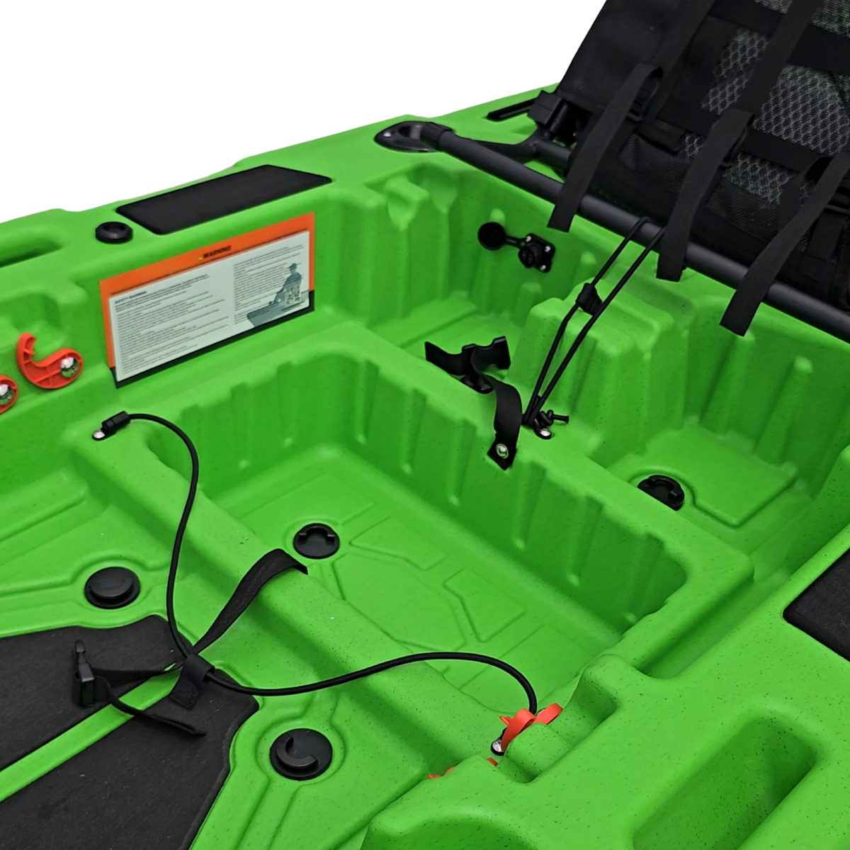 Stern deck of a green FluxJet kayak with the battery well and wiring