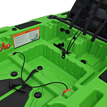 Stern deck of a green FluxJet kayak with the battery well and wiring