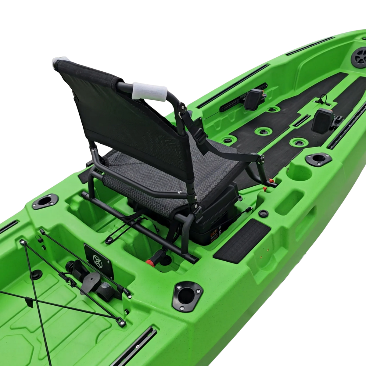 Green FluxJet electric fishing kayak cockpit with seat, gear tracks and rod holders