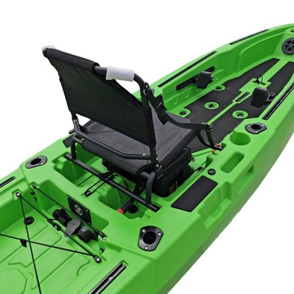 Green FluxJet electric fishing kayak cockpit with seat, gear tracks and rod holders