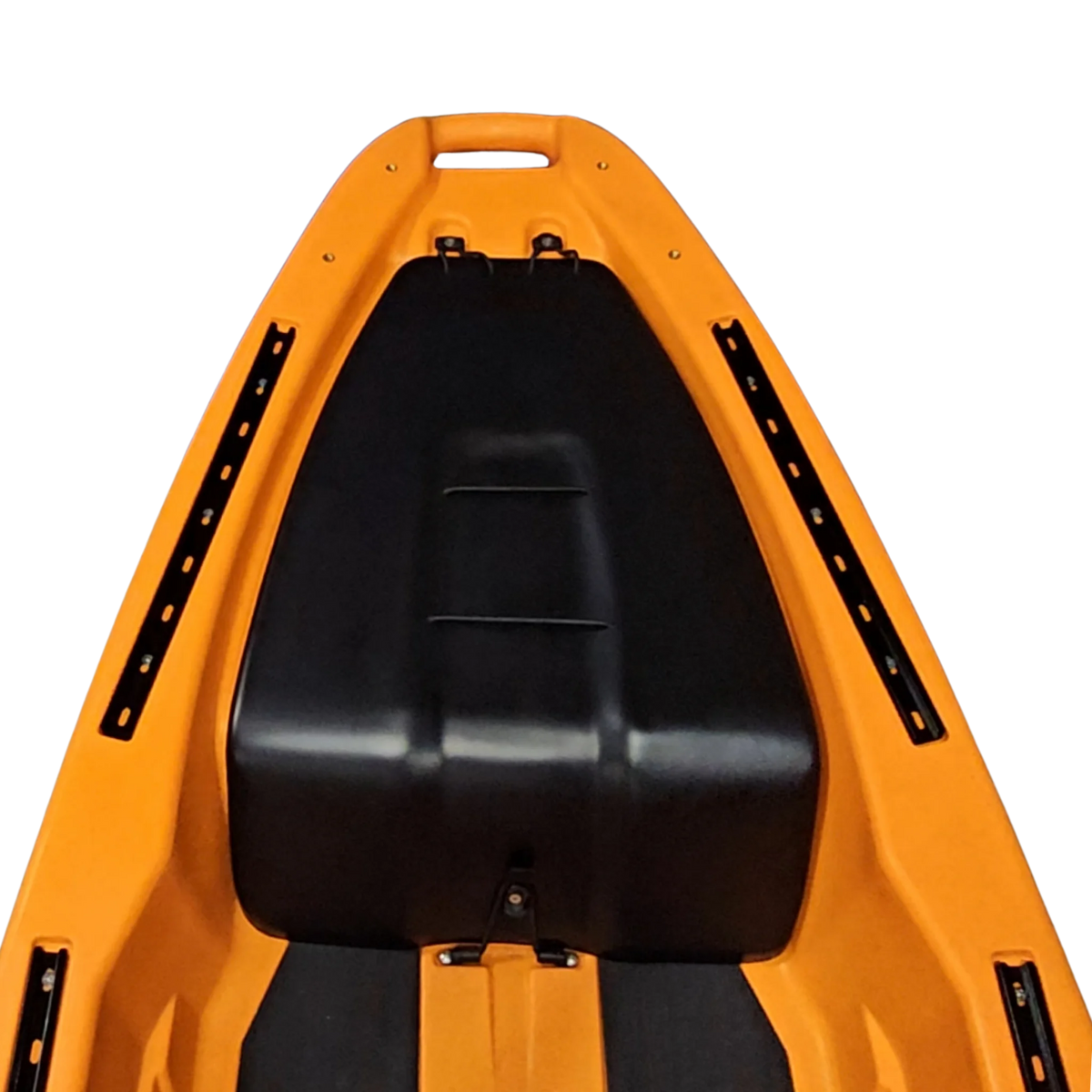 Orange FluxJet kayak deck with the battery box installed, top view