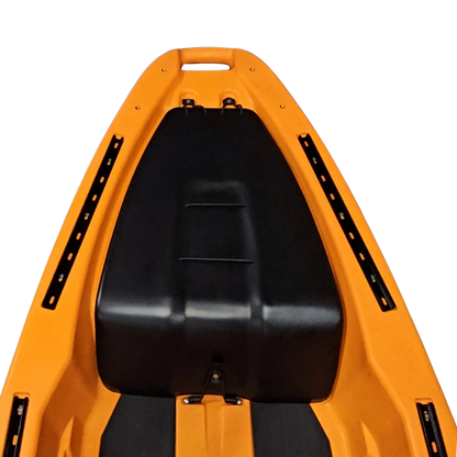 Orange FluxJet kayak deck with the battery box installed, top view