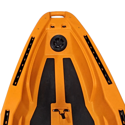 Bow deck of an orange FluxJet kayak with front hatch and gear tracks, top view