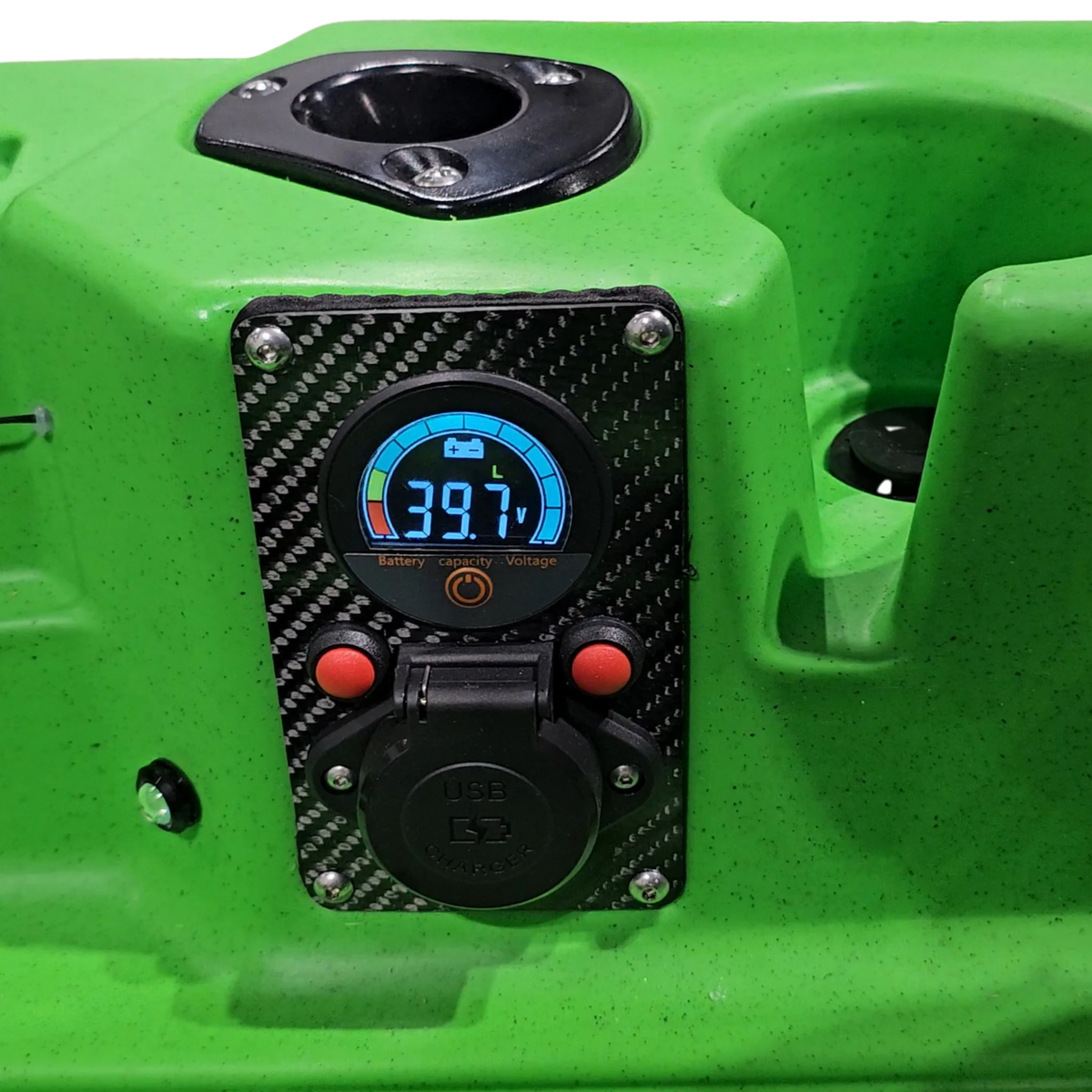 FluxJet power panel with digital voltage display and 12V outlet