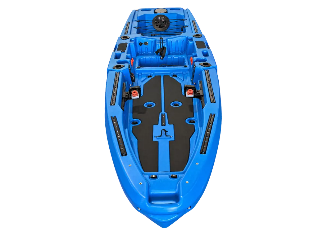 Blue FluxJet electric jet fishing kayak, bow view