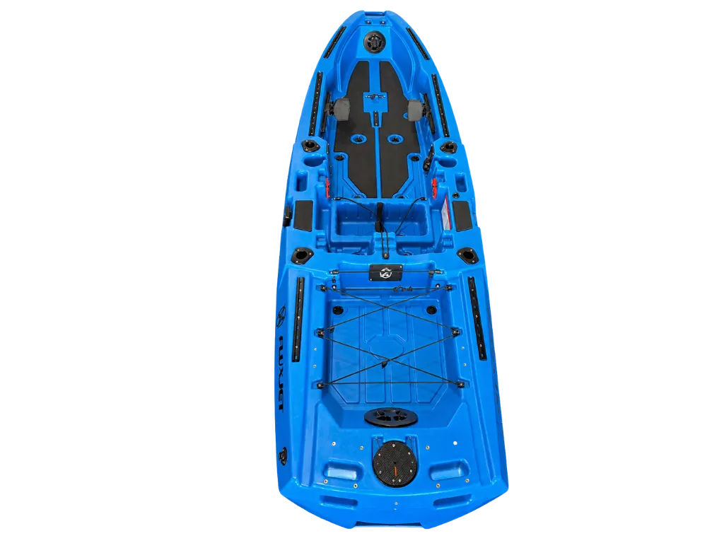 Blue FluxJet electric jet fishing kayak deck, top view
