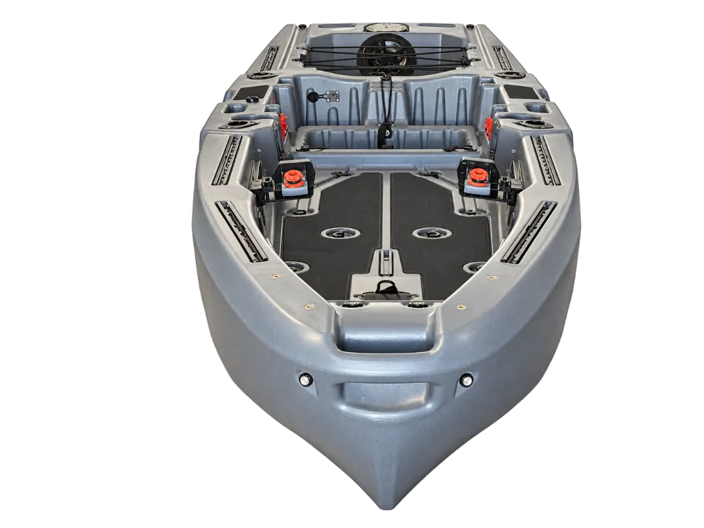 Gray FluxJet electric jet fishing kayak, bow view