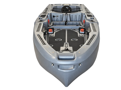 Gray FluxJet electric jet fishing kayak, bow view
