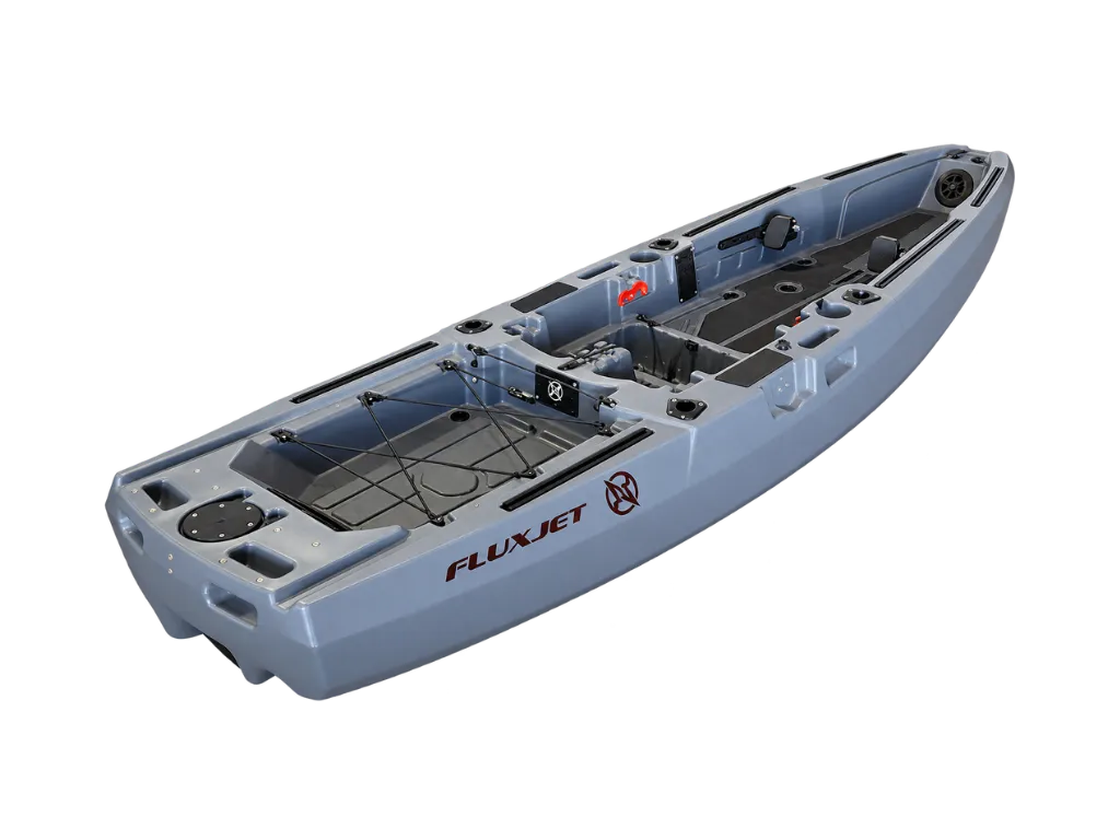 Gray FluxJet electric jet fishing kayak, stern quarter view