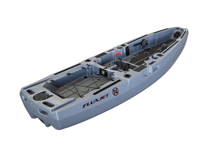 Gray FluxJet electric jet fishing kayak, stern quarter view