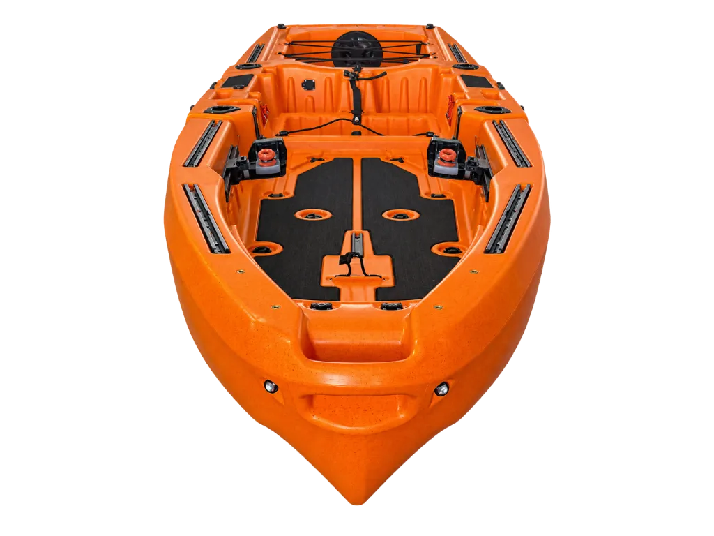 Orange FluxJet electric jet fishing kayak, bow view