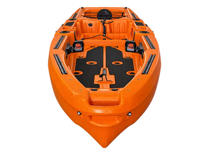 Orange FluxJet electric jet fishing kayak, bow view