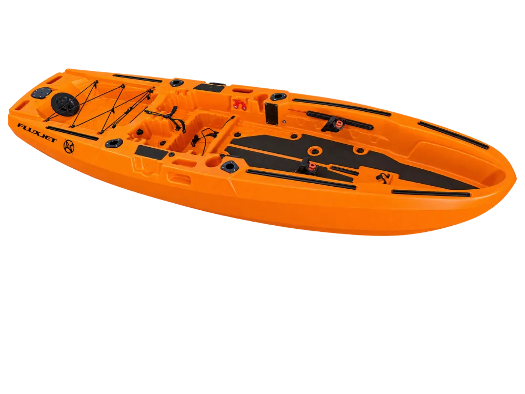 Orange FluxJet electric jet fishing kayak, side view