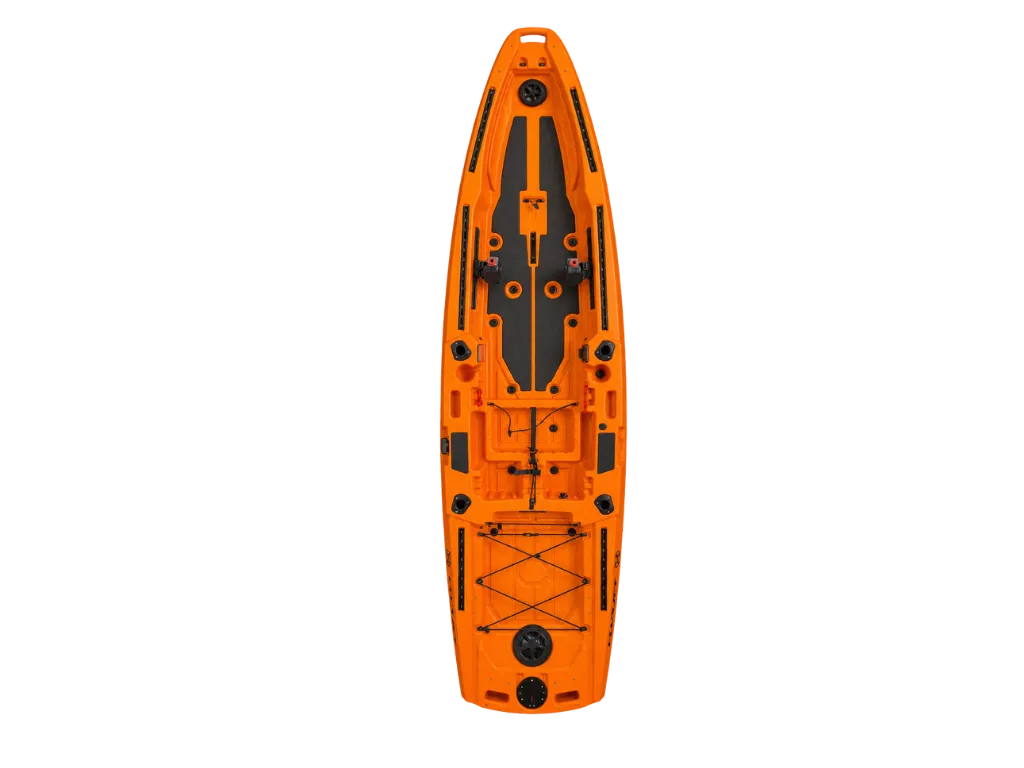 Orange FluxJet electric jet fishing kayak, top view