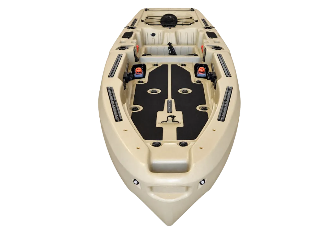 Tan FluxJet electric jet fishing kayak, bow view