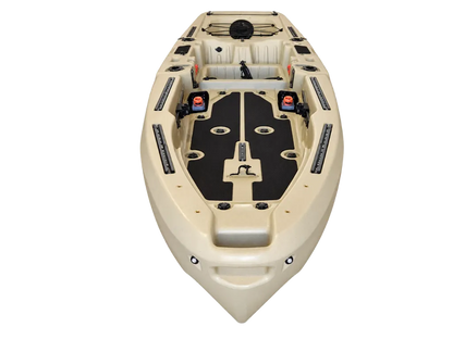 Tan FluxJet electric jet fishing kayak, bow view
