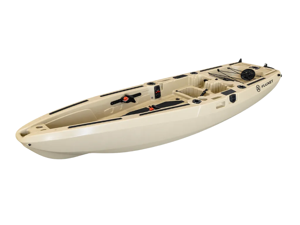 Tan FluxJet electric jet fishing kayak, side view