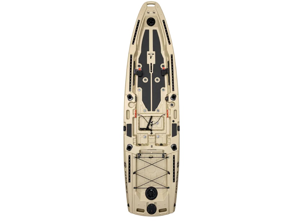 Tan FluxJet electric jet fishing kayak, top view