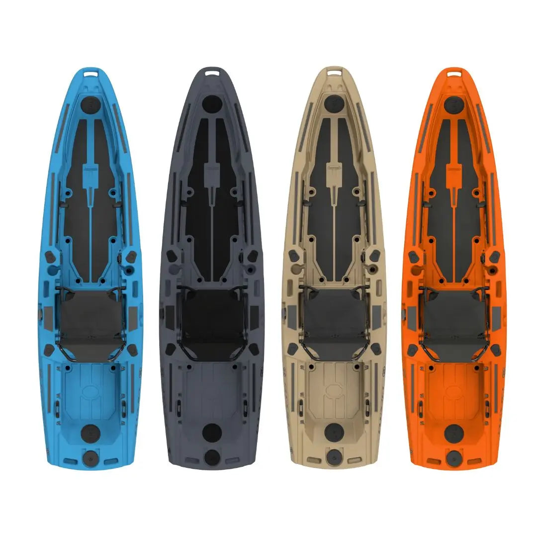 Four kayak models in blue, gray, beige, and orange on a white background