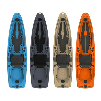 Four kayak models in blue, gray, beige, and orange on a white background