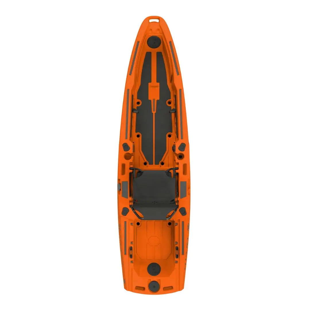 Orange kayak with black accents on a white background