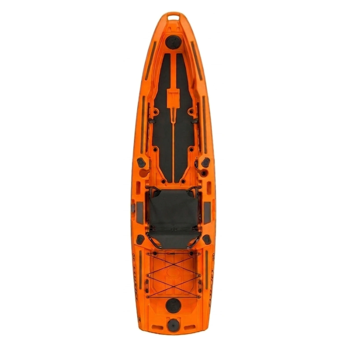 Orange kayak with black accents on a white background