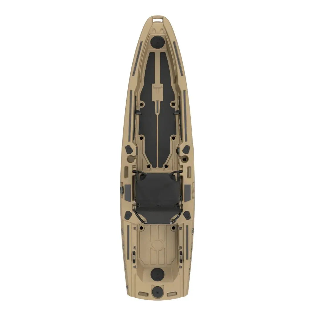 Tan and black kayak on a white background