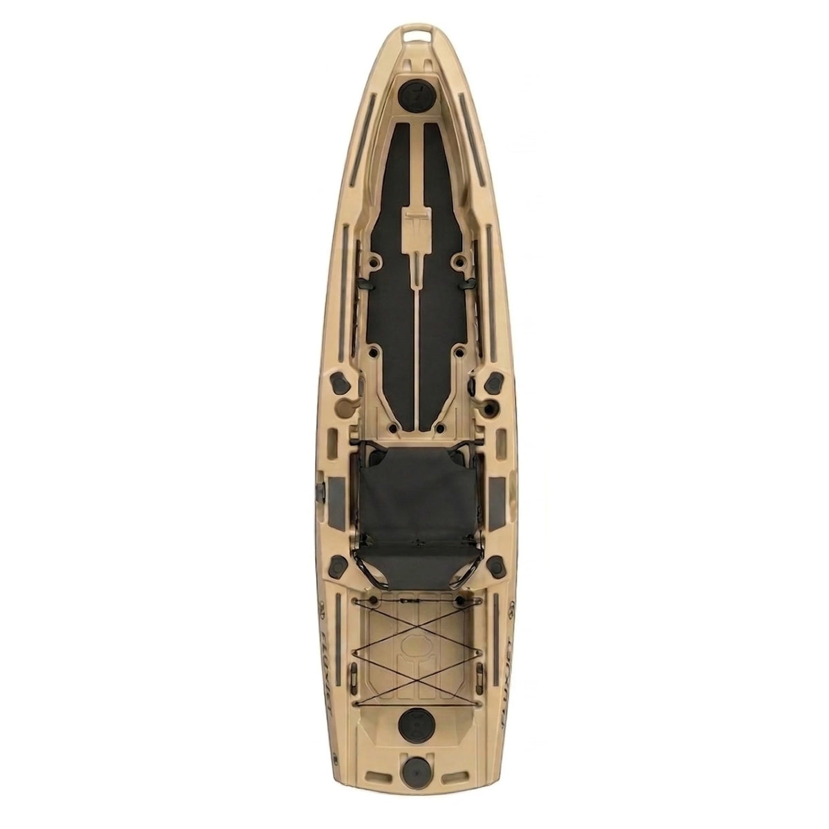 Tan and black kayak on a white background