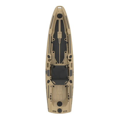 Tan and black kayak on a white background