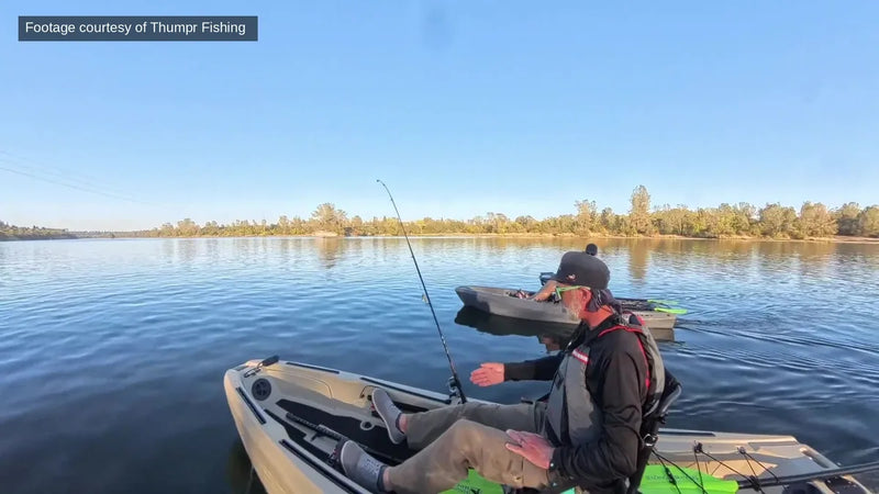 Two FluxJet kayaks cruising together on a California lake